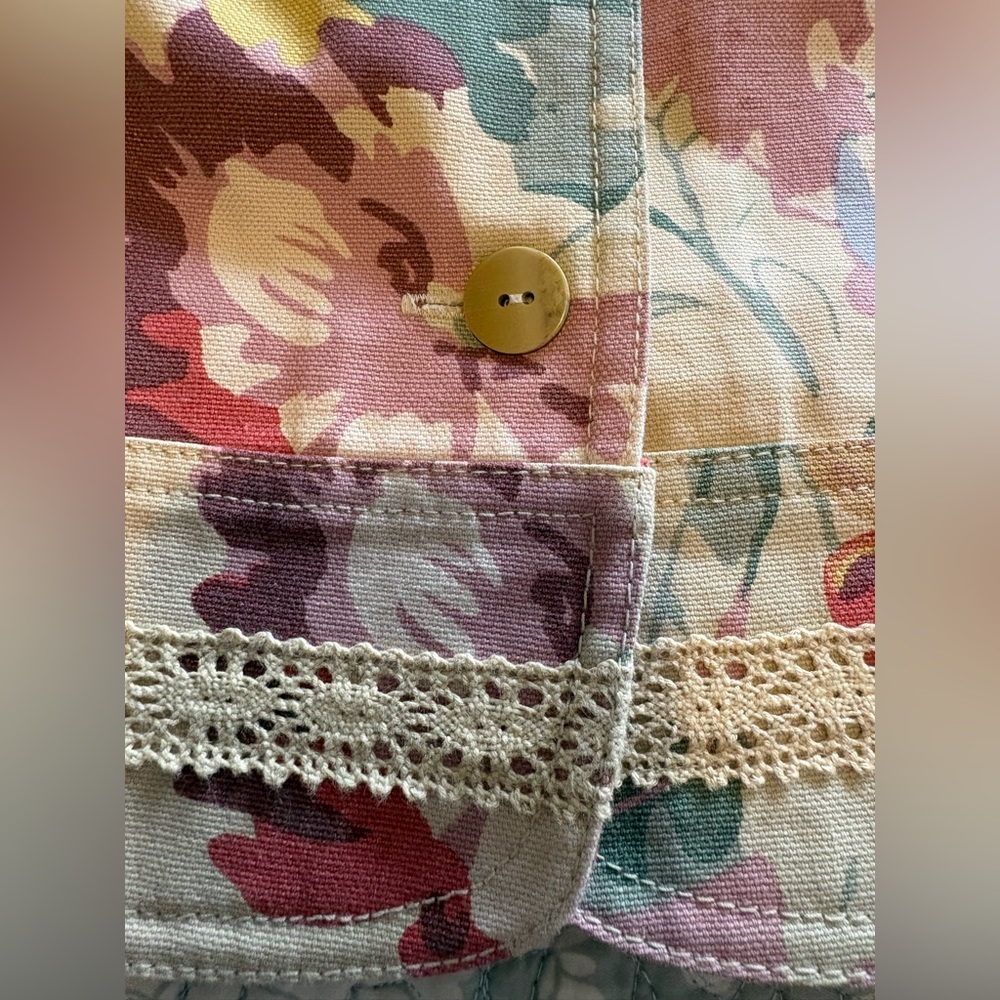Coldwater Creek Multicolor Floral Cotton Twill Jacket w Crochet Embellishment - Picture 7 of 12